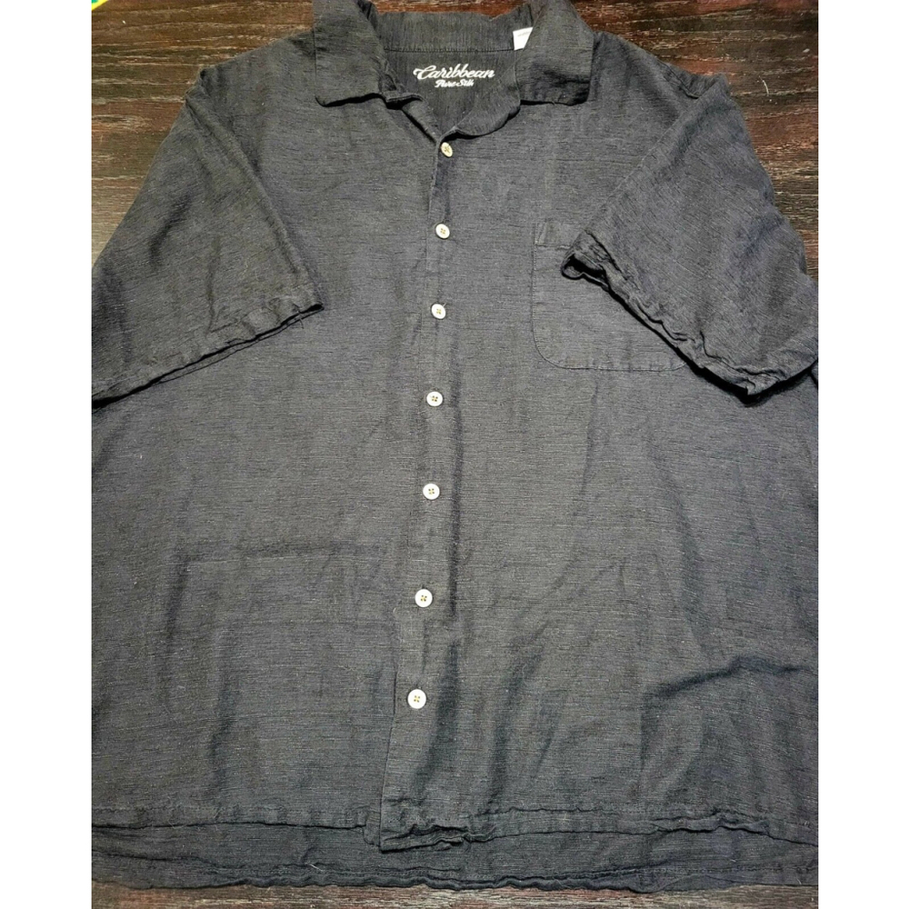 Caribbean 100% Silk Men's Black Shirt Sz 3XLB Hawaiian Camp Button Up